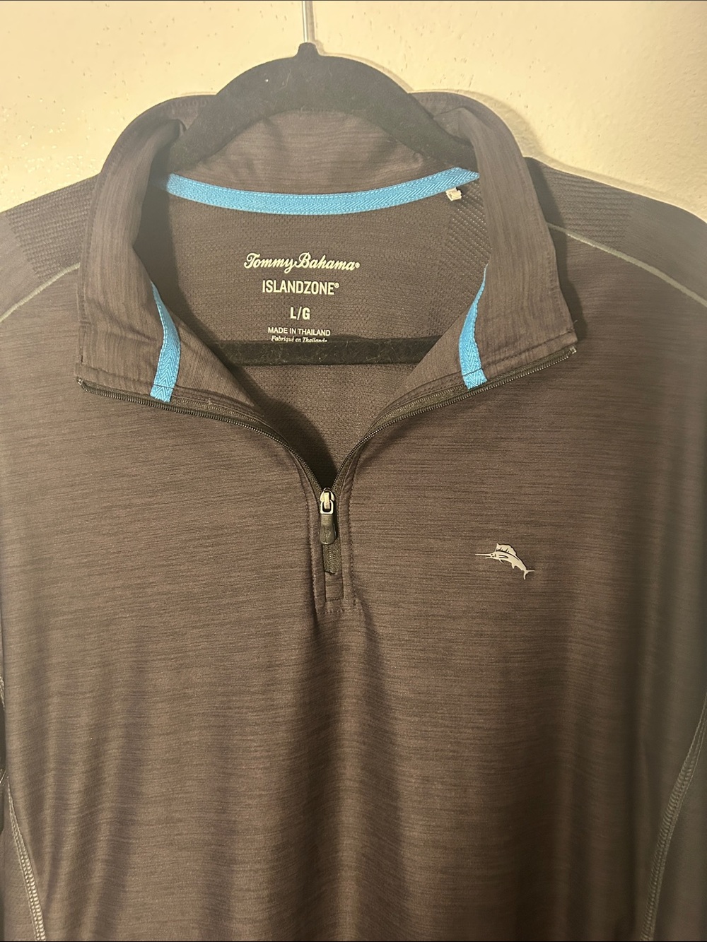 Tommy Bahama Men's Charcoal Quarter-Zip Pullover with Light Blue Trim